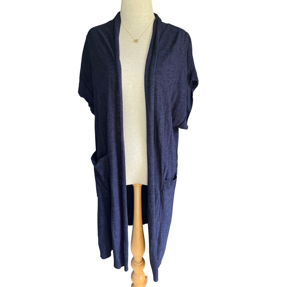 Anthropologie Navy Blue Long Cardigan OS Boho Coastal Grandma Travel Linen Blend